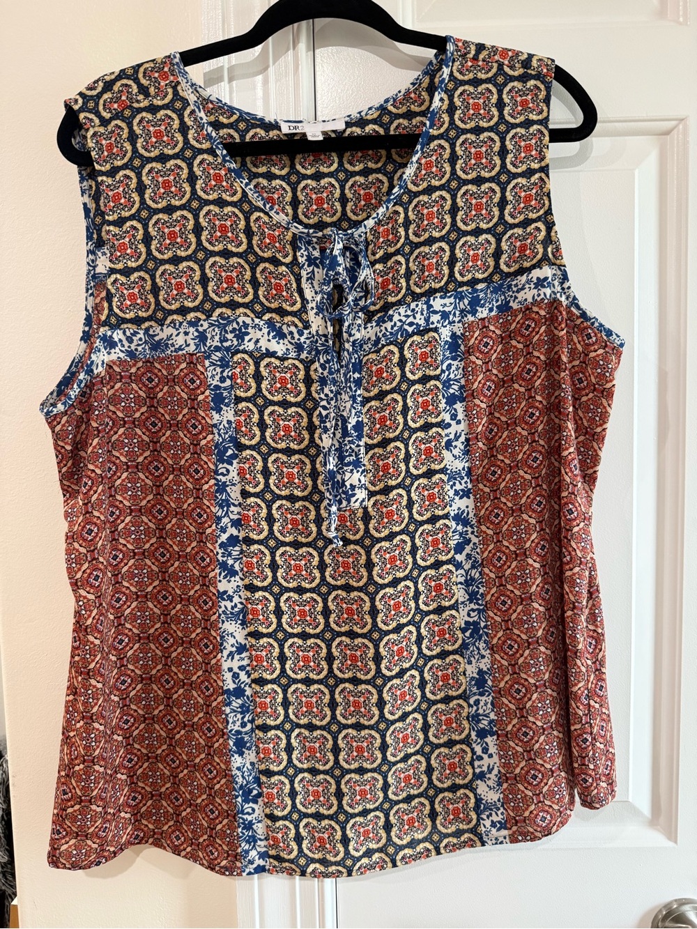 DR2 Mixed Print Sleeveless Tank in Blue, Rust & Cream